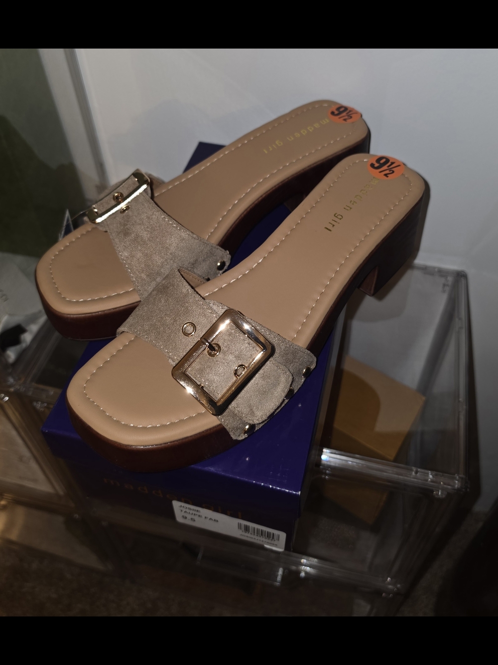 NWT Madden Girl Taupe Buckle Slide Mules Sz 9.5